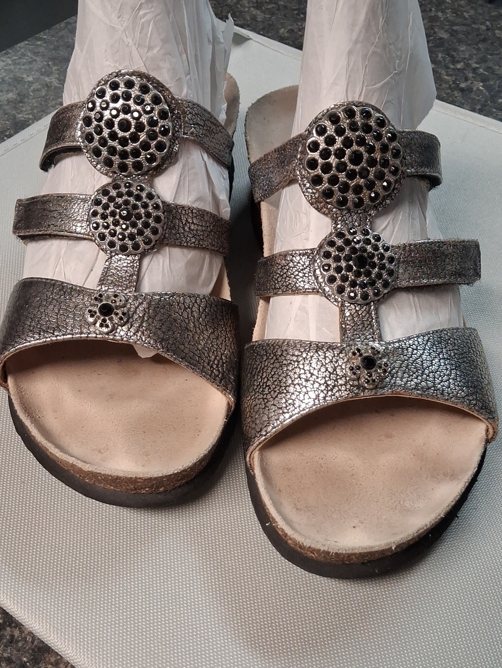 Mephisto Metallic Pewter Three-Strap Sandals with Stud Accents